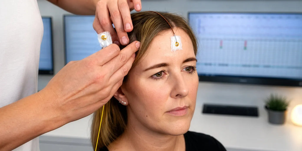 Patientin während der EEG-Untersuchung mit wiederverwendbaren Gold-Cup-Elektroden, die von medizinischem Fachpersonal am Kopf angebracht werden.