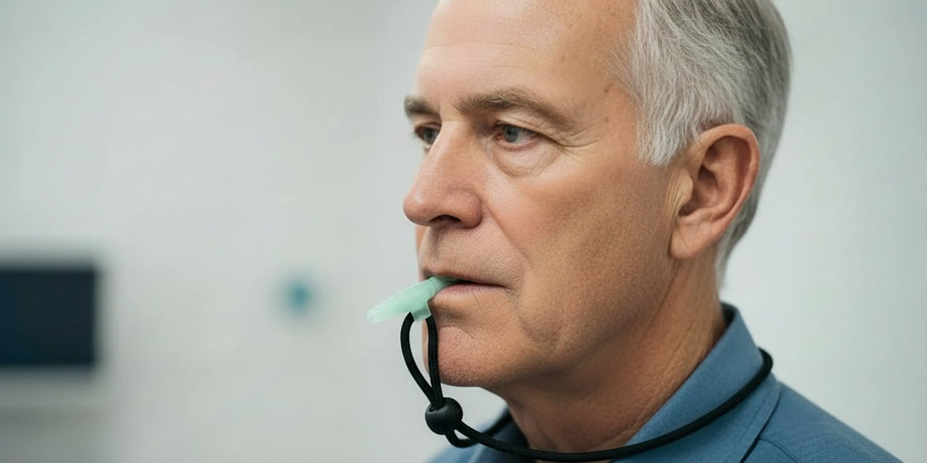 COPD patient using LifePipe portable PEP respiratory device