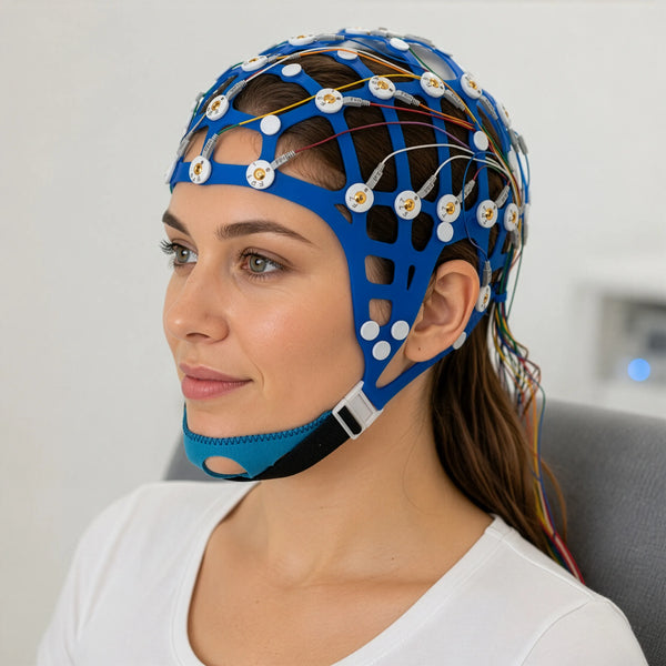 Les adultes portent le bonnet EEG réutilisable à 32 canaux de CNSAC pour les examens cliniques d'EEG et le diagnostic des troubles du sommeil