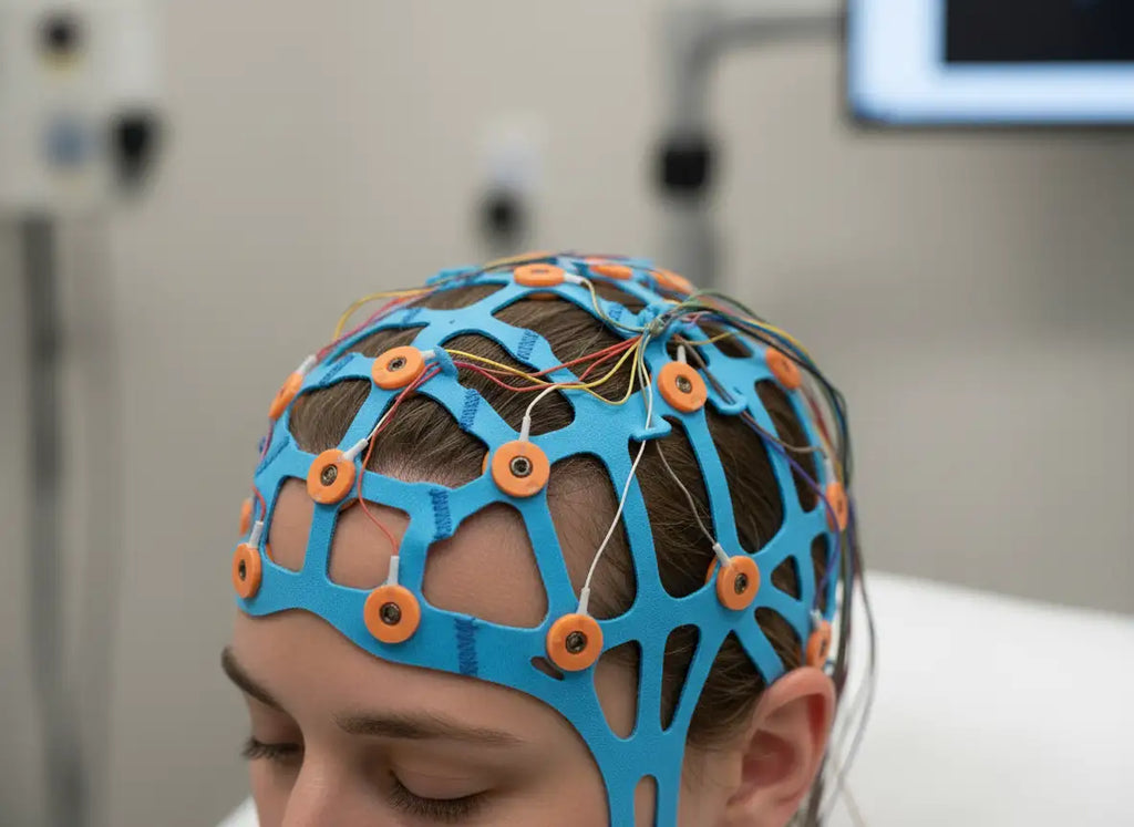 Patient wearing a blue disposable EEG cap
