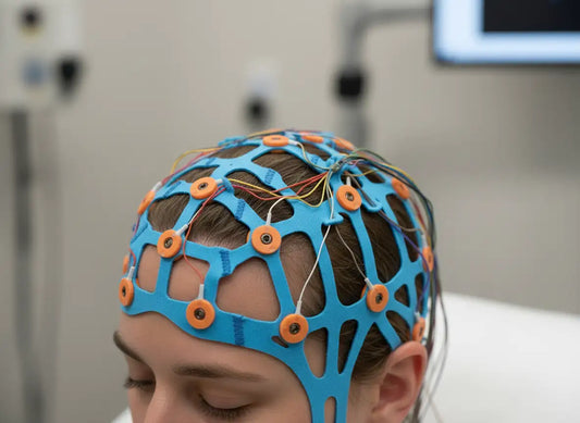 Patient wearing a blue disposable EEG cap