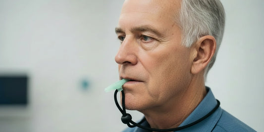 COPD patient using LifePipe portable PEP respiratory device