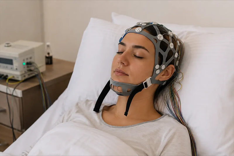 CNSAC-Blog: Frau bei EEG-Untersuchung mit einer wiederverwenbaren EEG-Haube