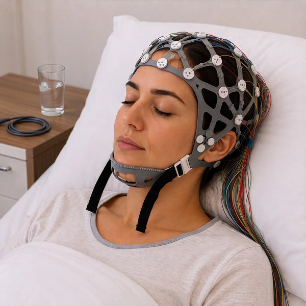 Erwachsene Frau mit CNSAC wiederverwendbarer 20-Kanal EEG-Haube mit gesinterten Ag/AgCl-Elektroden für klinische EEG-Diagnostik