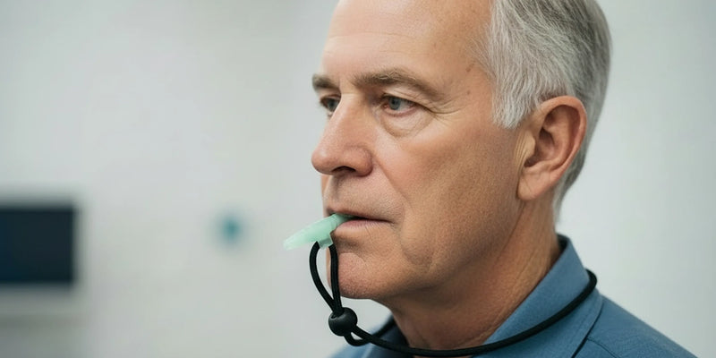 COPD-Patient verwendet ein tragbares PEP-Gerät zur Atemtherapie bei dynamischer Hyperinflation