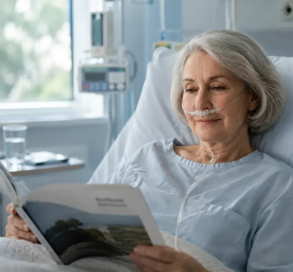 Patientin mit CNSAC NasalOxy Nasen-Mundbrille zur Low-Flow-Sauerstofftherapie im klinischen Umfeld