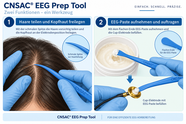 CNSAC® EEG Prep Tool – Anleitung: Haare teilen und Kopfhaut freilegen, EEG-Paste aufnehmen und Cup-Elektrode befüllen